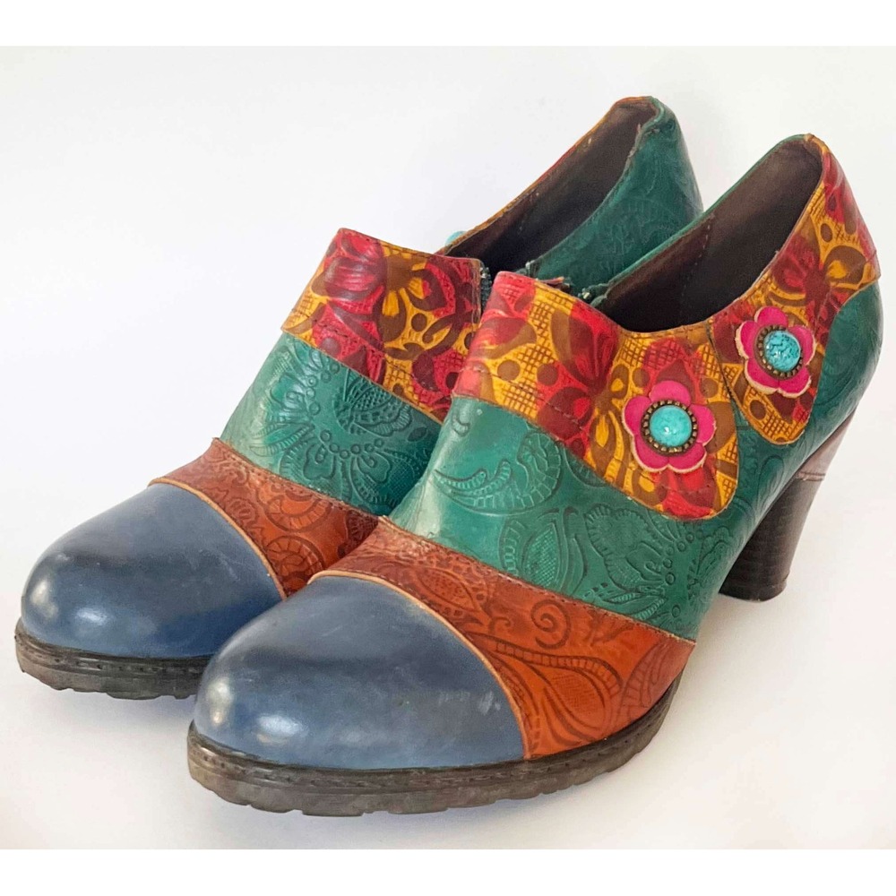 Socofy Women's 9 Genuine Leather Colorful Boho Floral Chunky Heeled Women Pumps